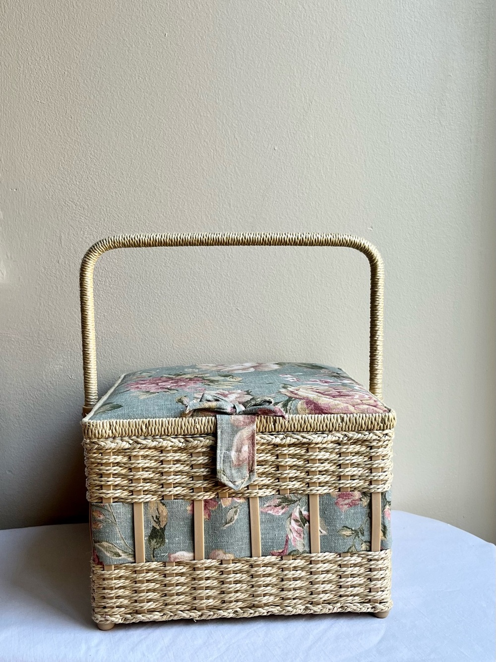 Vintage Woven Wicker Sewing Basket with Floral Fabric Lid